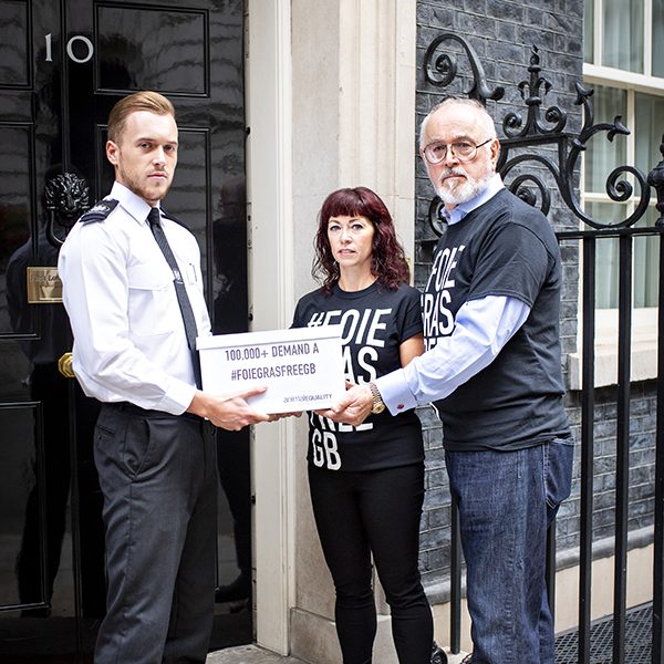 Peter Egan delivers 100,000 names demanding a #FoieGrasFreeGB to the Prime Minister