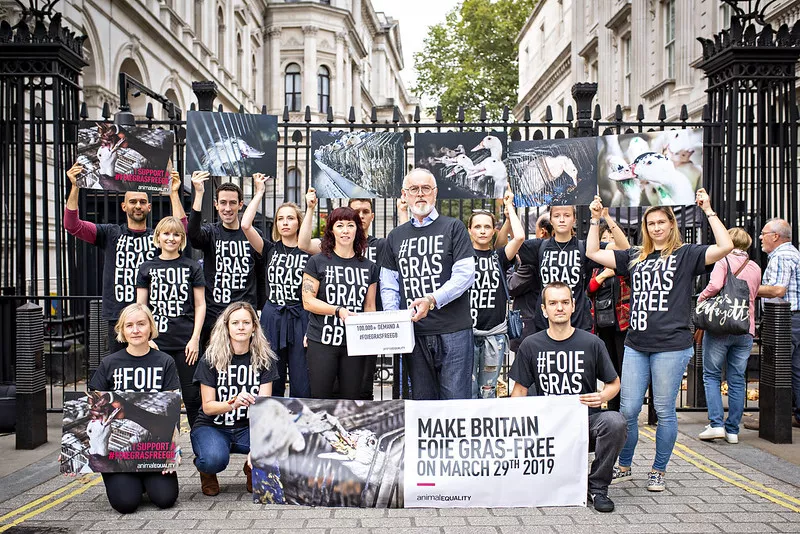 Peter Egan and Animal Equality's supporters delivering 100,000 signatures to 10 Downing Street in 2018