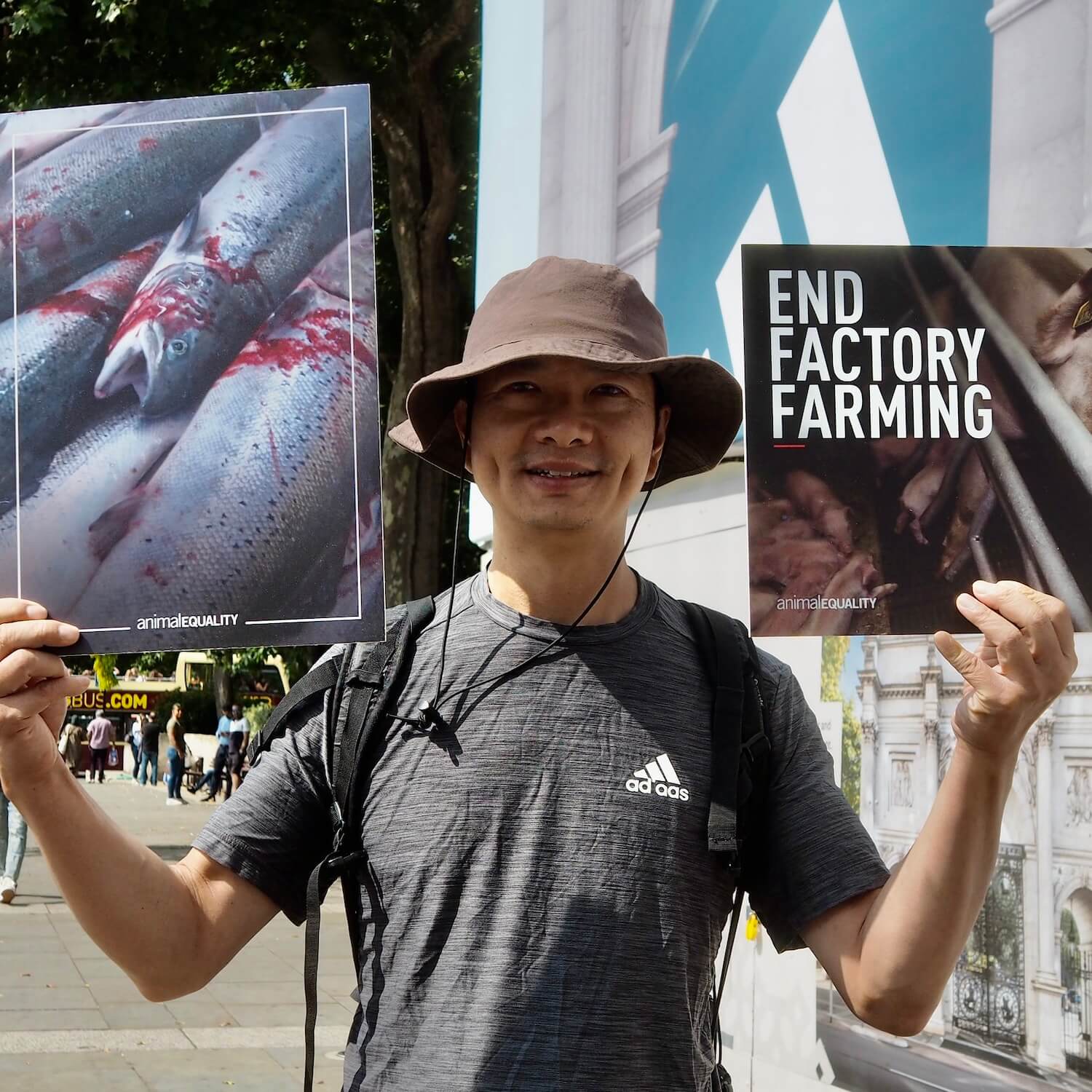 Animal Equality activist holding up placards at National Animal Rights March 2024