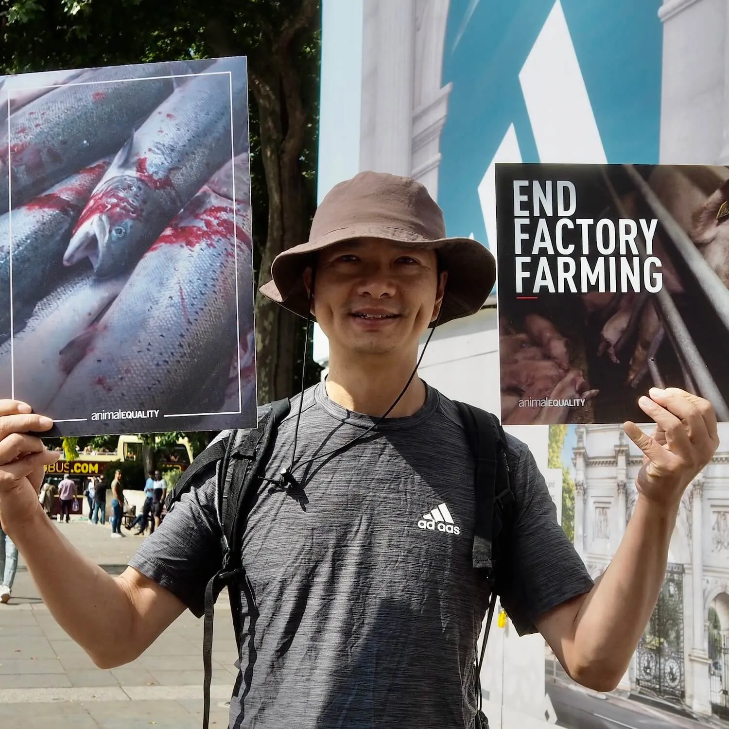 2026 Q1 IMPACT REPORT 6 Animal Equality activist holding up placards at National Animal Rights March 2024