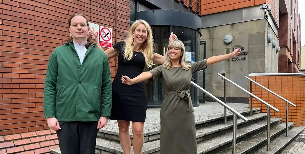 Animal Equality and legal representatives outside High Court after being given permission to challenge North East Lincolnshire Council 