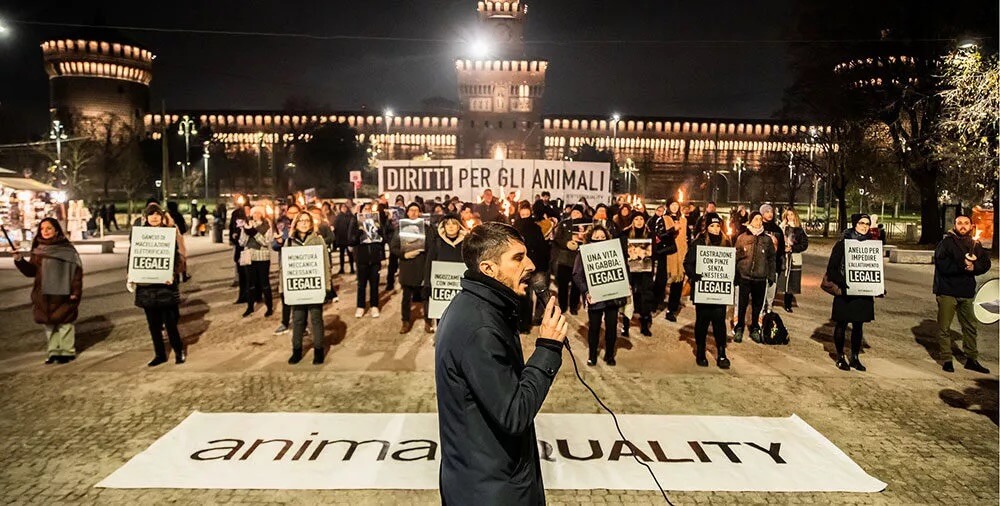 Matteo Cupi, Vice President of Animal Equality for Europe, leading the protest on International Animal Rights Day in Milan, Italy
