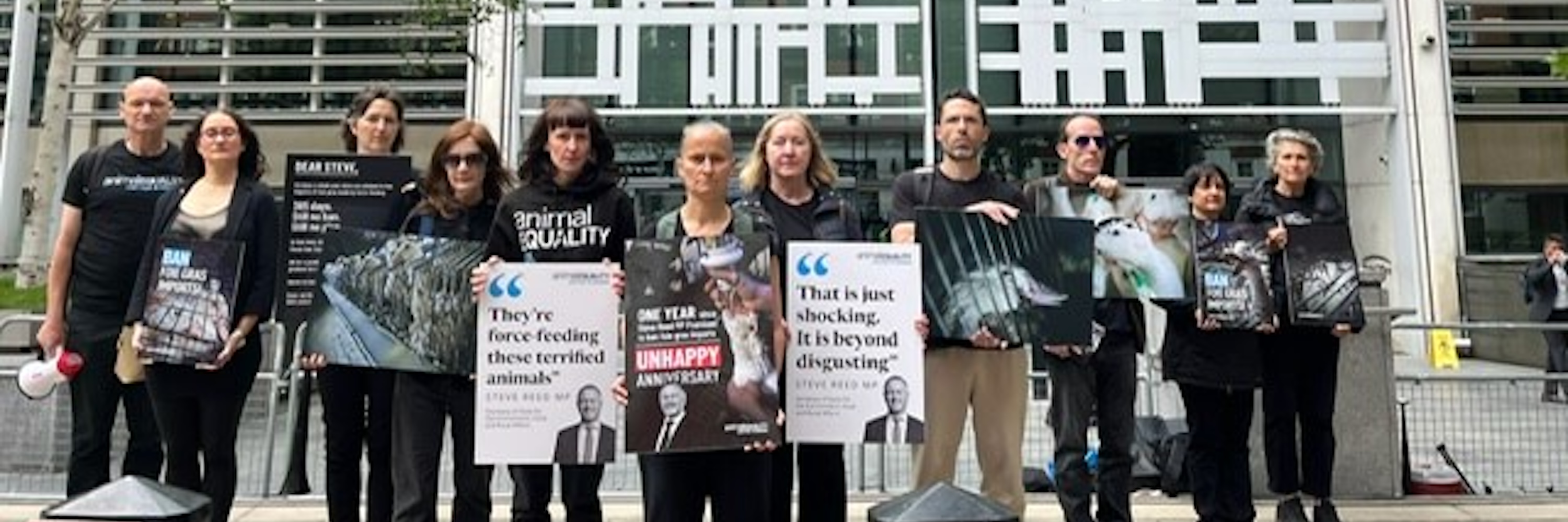 Animal rights activists gathered outside the Government’s Department for Environment, Food and Rural Affairs (Defra) to mark one year since Secretary of State Steve Reed MP promised to ban the importation of foie gras made through force-feeding.