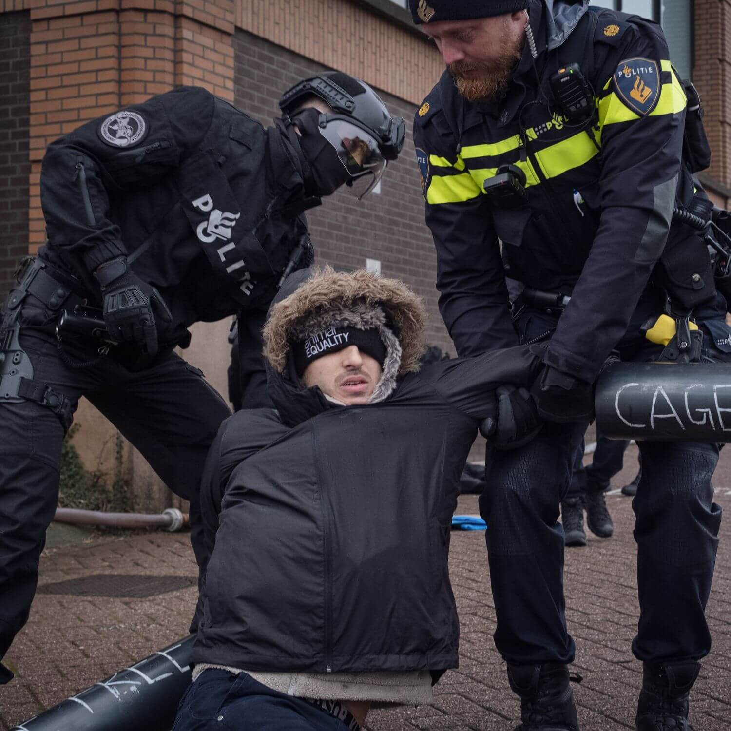 Animal Equality activists chained to Ahold Delhaize headquarters in Zaandam protesting caged hen systems, January 2026