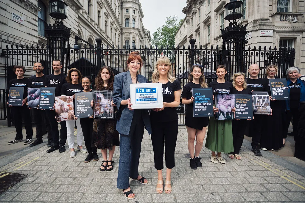 Animal Equality delivers signatures to downing street to demand better protections for farmed animals